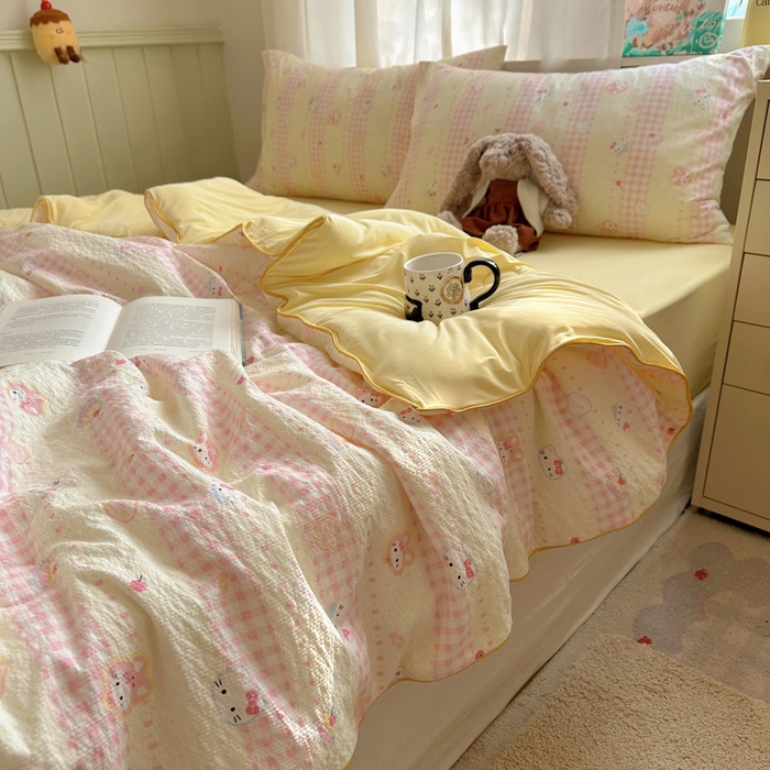 91家纺网 家纺一手货源 找家纺 初念 2026新款泡芙纱单夏被凉糖系列（凉而不冰的触感，清凉与柔软兼得） 凉糖-黄粉猫团