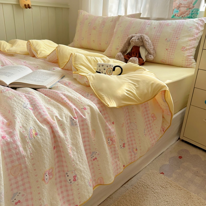 91家纺网 家纺一手货源 找家纺 初念 2026新款泡芙纱单夏被凉糖系列（凉而不冰的触感，清凉与柔软兼得） 凉糖-黄粉猫团