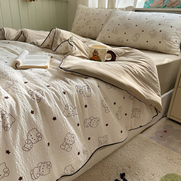 91家纺网 家纺一手货源 找家纺 初念 2026新款泡芙纱单夏被凉糖系列（凉而不冰的触感，清凉与柔软兼得） 凉糖-描线小猫 咖