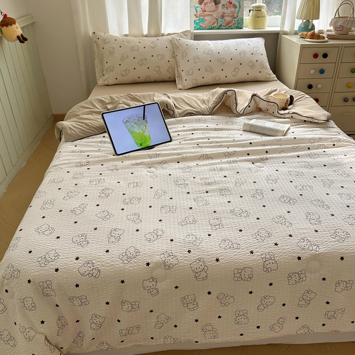 91家纺网 家纺一手货源 找家纺 初念 2026新款泡芙纱单夏被凉糖系列（凉而不冰的触感，清凉与柔软兼得） 凉糖-描线小猫 咖