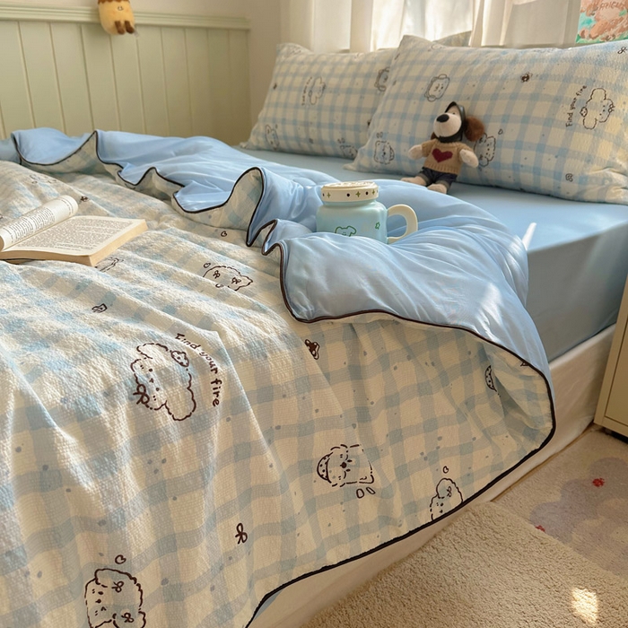 91家纺网 家纺一手货源 找家纺 初念 2026新款泡芙纱单夏被凉糖系列（凉而不冰的触感，清凉与柔软兼得） 凉糖-机智蓝狗