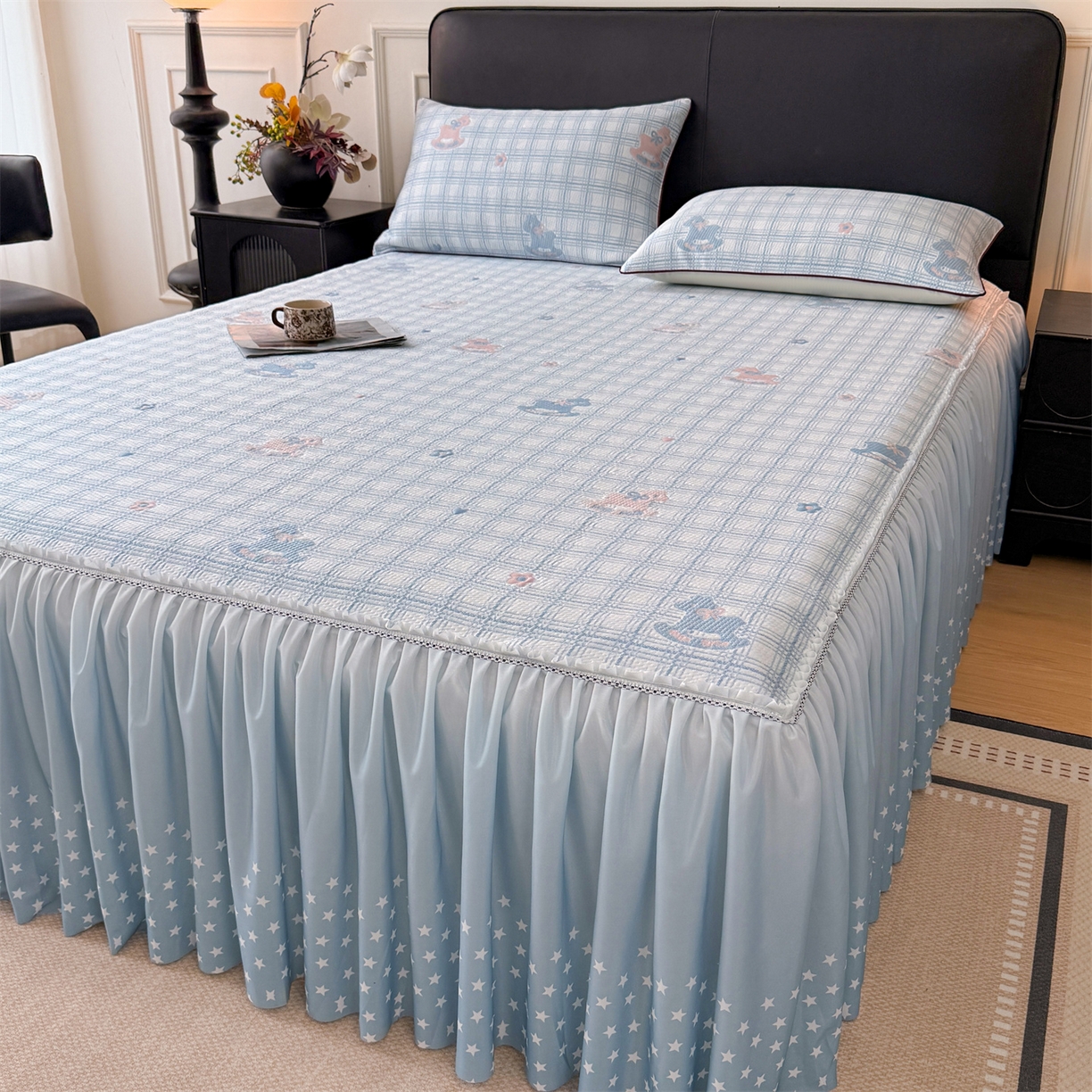 情恒家纺 2026新款卡通摇摇马PE提花床裙席席子凉席三件套 摇摇马-冰蓝