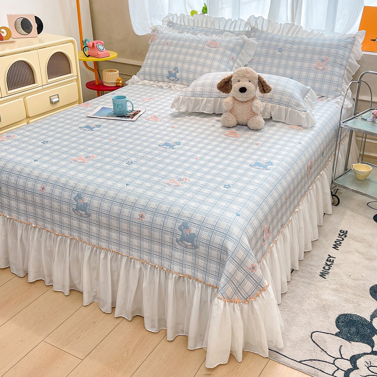 91家纺网 家纺一手货源 找家纺 （总）情恒家纺 2026新款PE卡通提花床盖席席子凉席三件套摇摇马