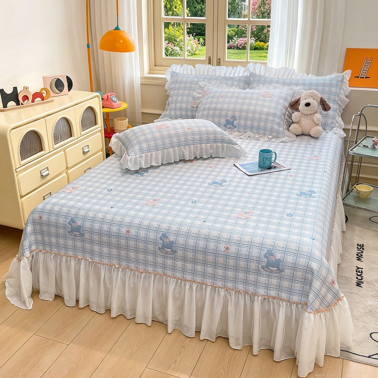 91家纺网 家纺一手货源 找家纺 （总）情恒家纺 2026新款PE卡通提花床盖席席子凉席三件套摇摇马