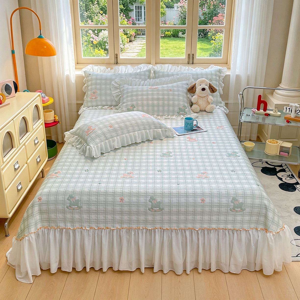 91家纺网 家纺一手货源 找家纺 情恒家纺 2026新款PE卡通提花床盖席席子凉席三件套摇摇马 摇摇马-豆绿