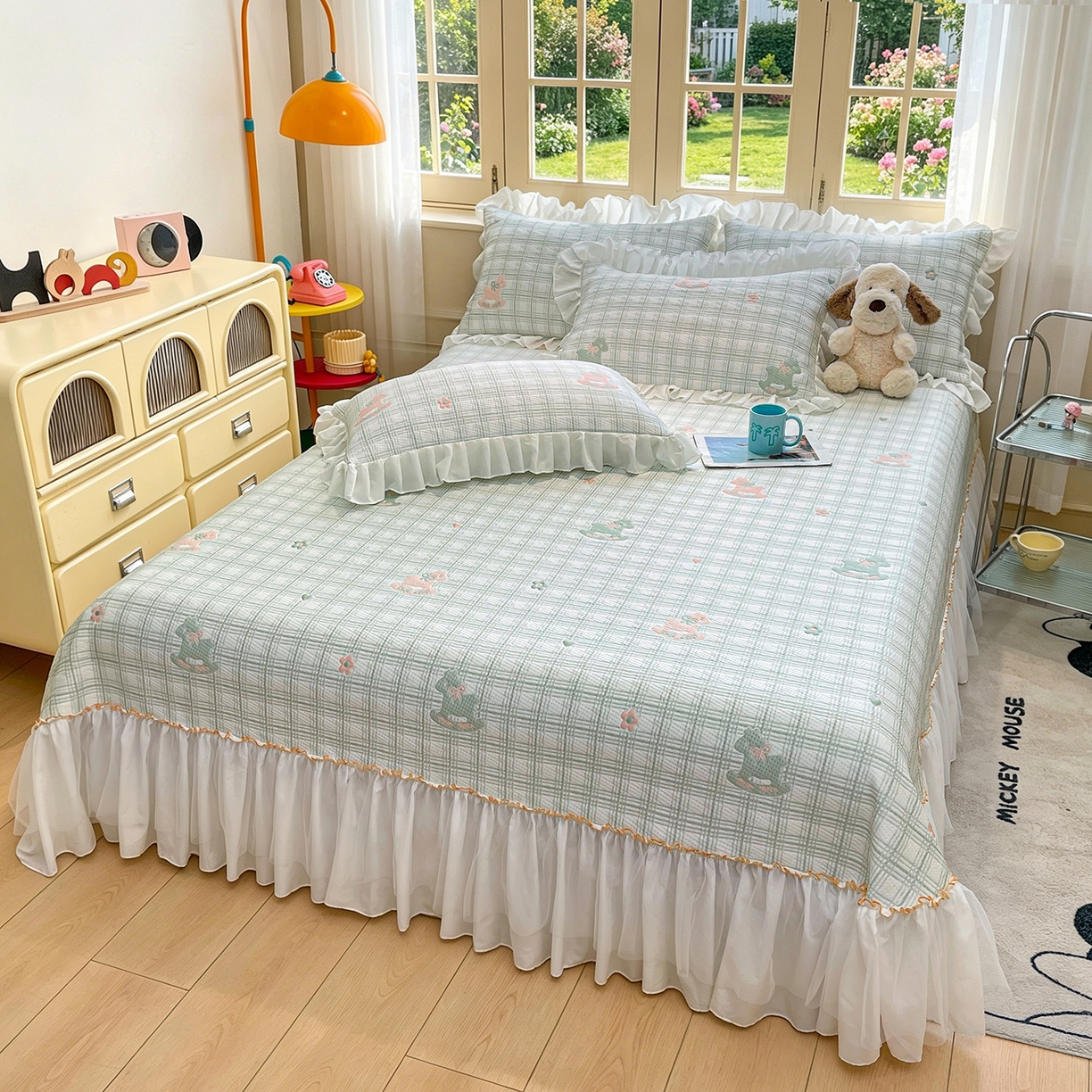 91家纺网 家纺一手货源 找家纺 情恒家纺 2026新款PE卡通提花床盖席席子凉席三件套摇摇马 摇摇马-豆绿