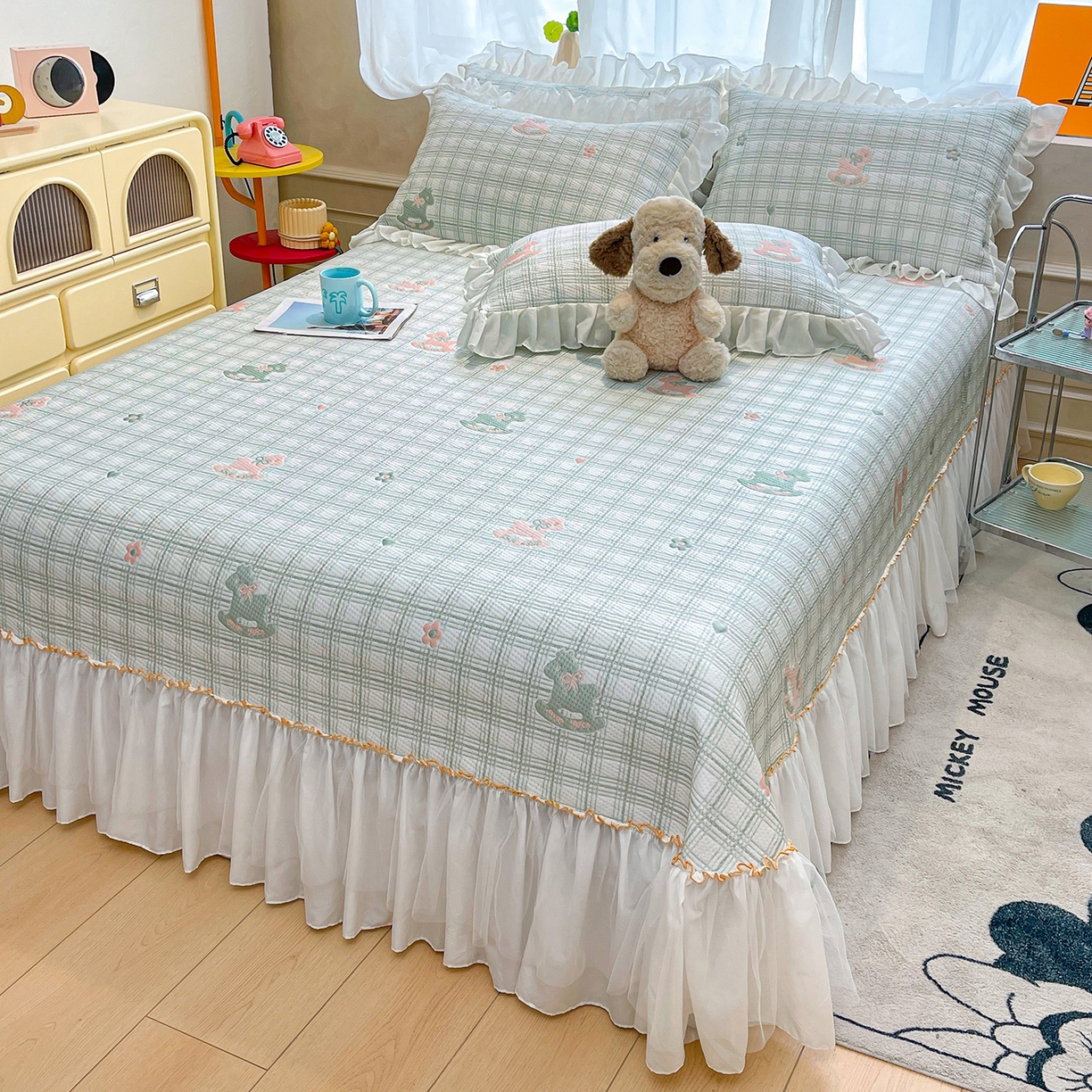 91家纺网 家纺一手货源 找家纺 情恒家纺 2026新款PE卡通提花床盖席席子凉席三件套摇摇马 摇摇马-豆绿