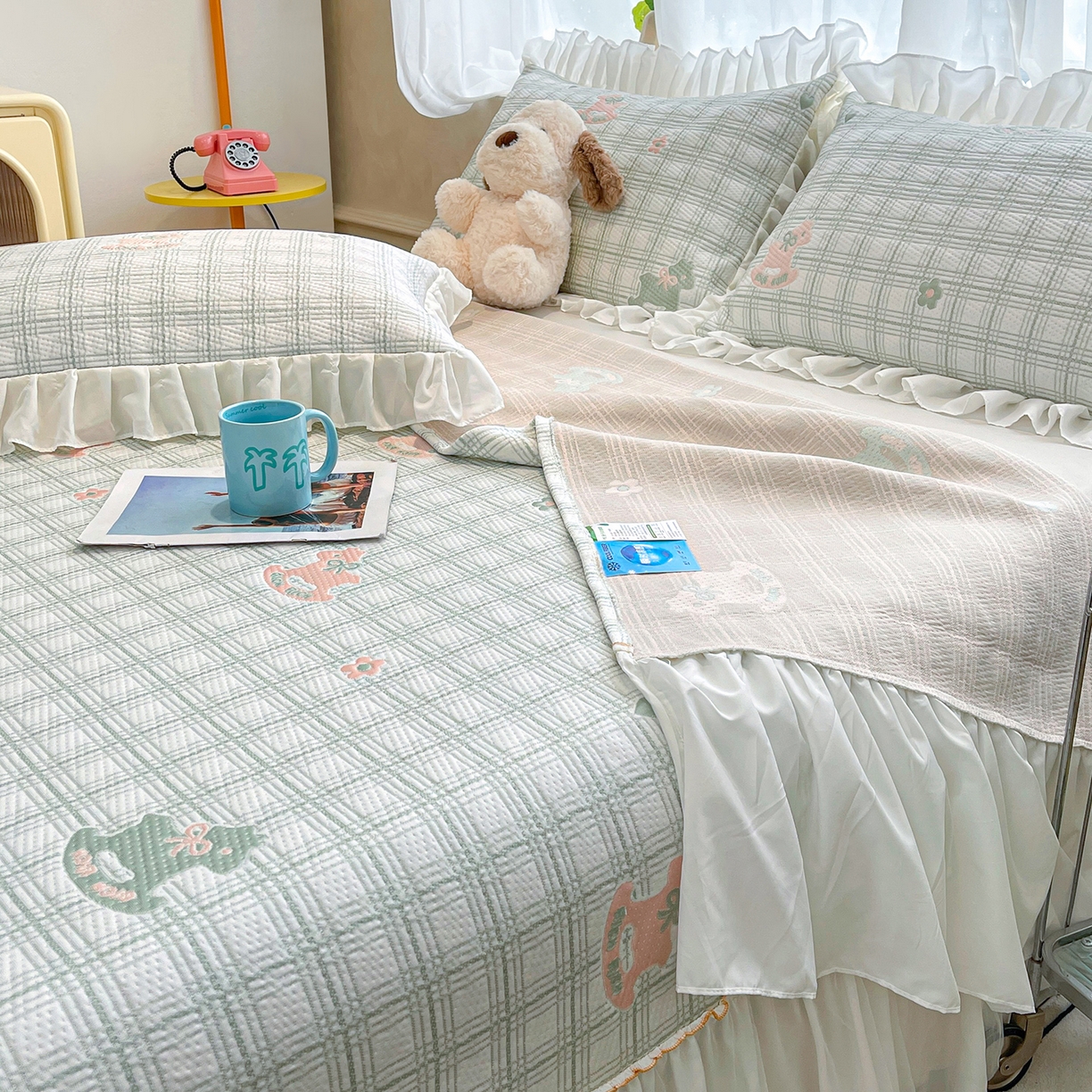 91家纺网 家纺一手货源 找家纺 情恒家纺 2026新款PE卡通提花床盖席席子凉席三件套摇摇马 摇摇马-豆绿