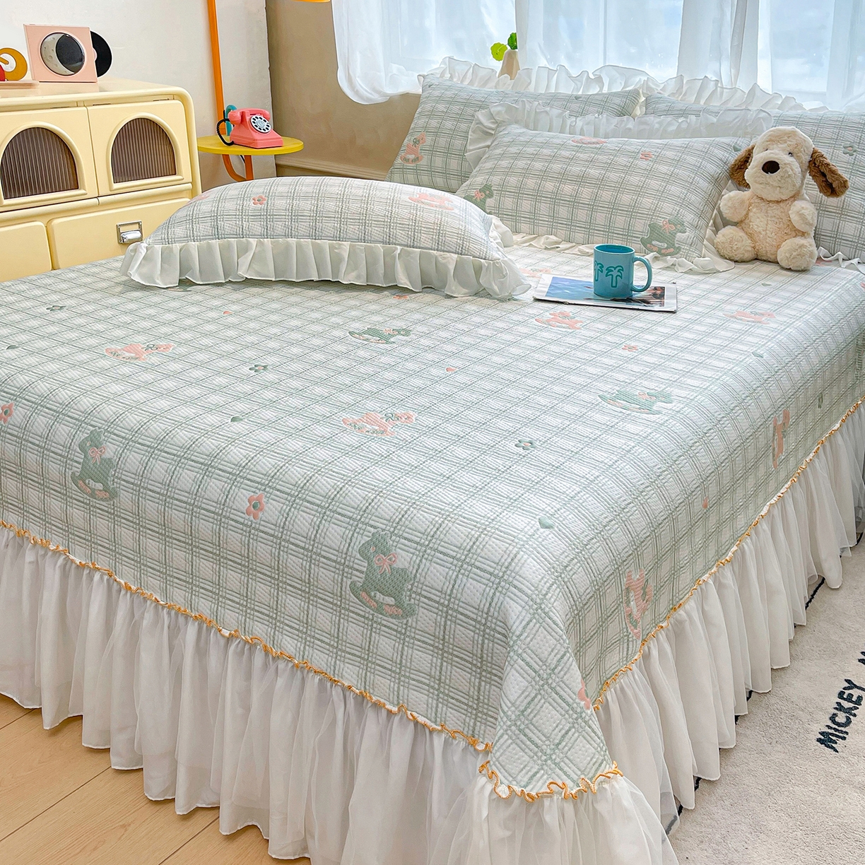 91家纺网 家纺一手货源 找家纺 情恒家纺 2026新款PE卡通提花床盖席席子凉席三件套摇摇马 摇摇马-豆绿