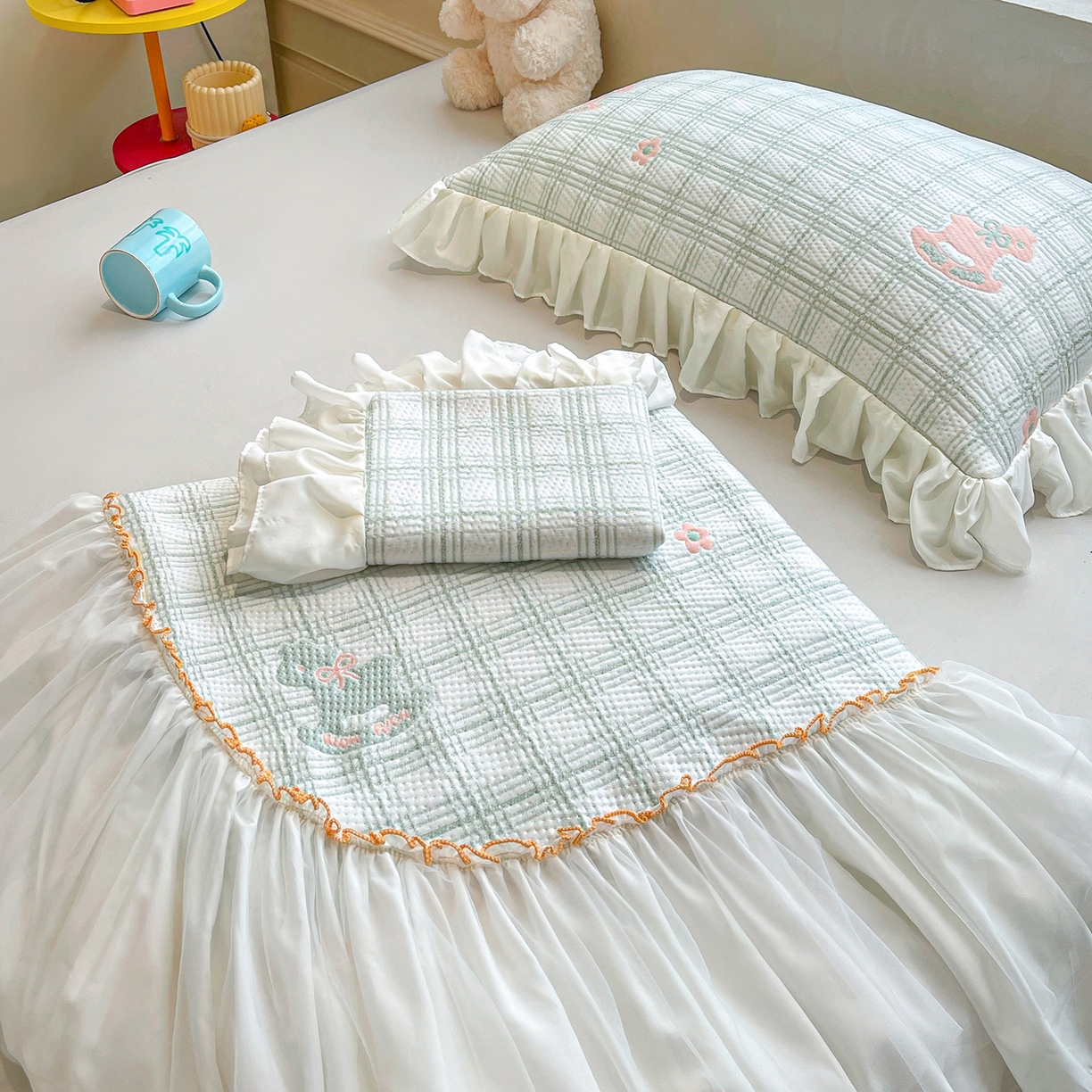 91家纺网 家纺一手货源 找家纺 情恒家纺 2026新款PE卡通提花床盖席席子凉席三件套摇摇马 摇摇马-豆绿