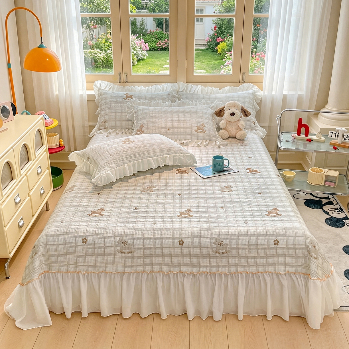 91家纺网 家纺一手货源 找家纺 情恒家纺 2026新款PE卡通提花床盖席席子凉席三件套摇摇马 摇摇马-卡其