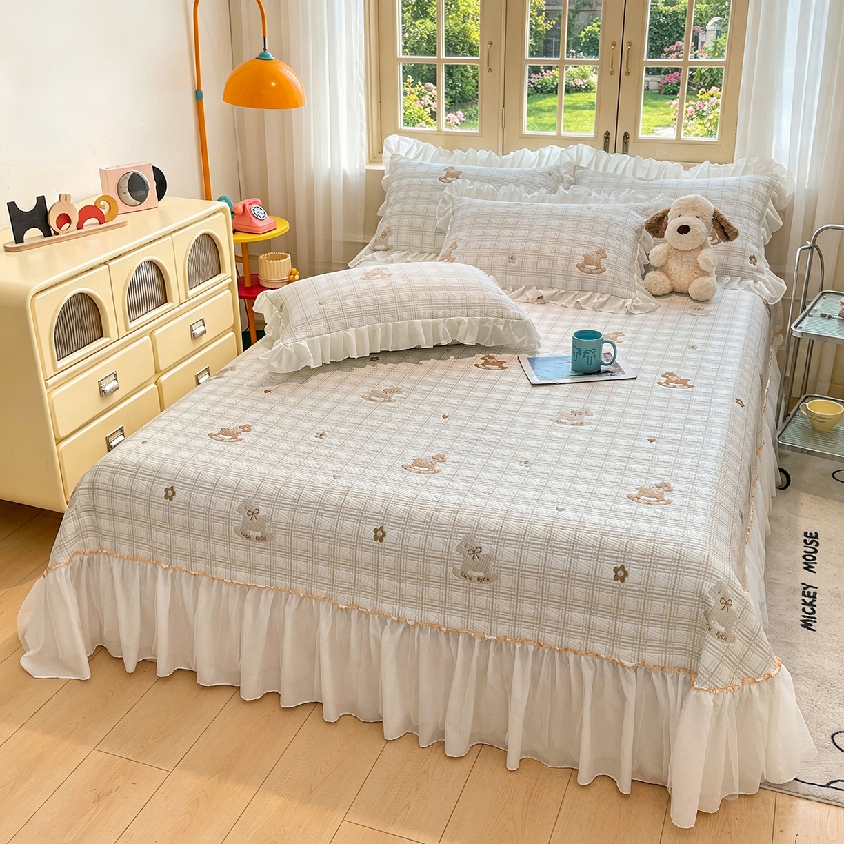 91家纺网 家纺一手货源 找家纺 情恒家纺 2026新款PE卡通提花床盖席席子凉席三件套摇摇马 摇摇马-卡其