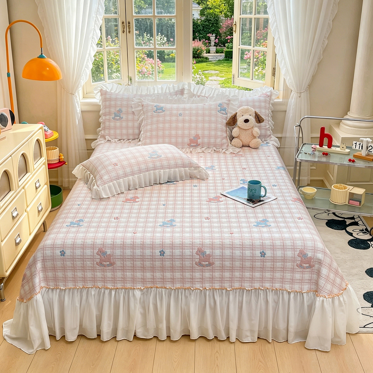 91家纺网 家纺一手货源 找家纺 情恒家纺 2026新款PE卡通提花床盖席席子凉席三件套摇摇马 摇摇马-嫩粉