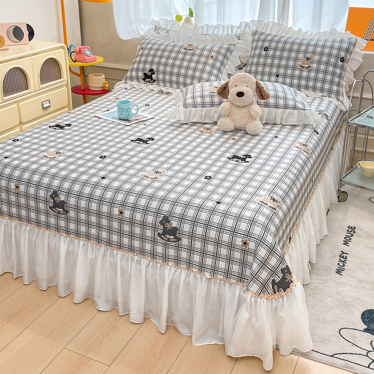 91家纺网 家纺一手货源 找家纺 情恒家纺 2026新款PE卡通提花床盖席席子凉席三件套摇摇马 摇摇马-曜黑