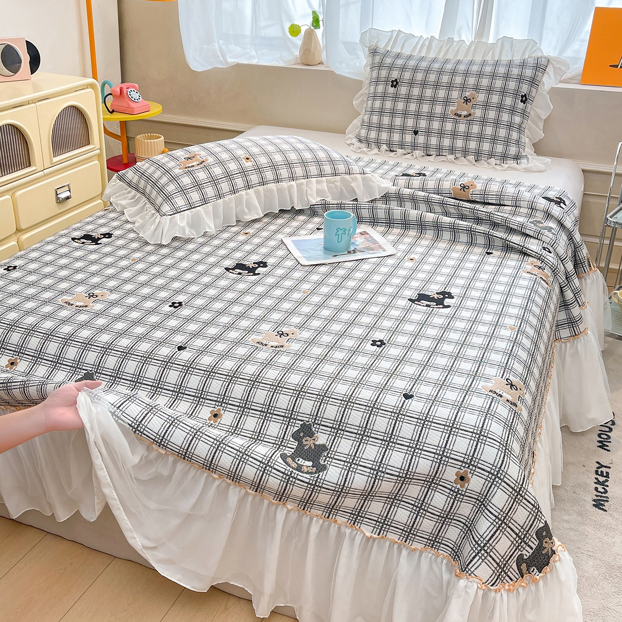 情恒家纺 2026新款PE卡通提花床盖席席子凉席三件套摇摇马 摇摇马-曜黑