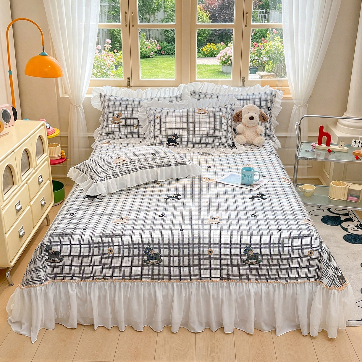 91家纺网 家纺一手货源 找家纺 情恒家纺 2026新款PE卡通提花床盖席席子凉席三件套摇摇马 摇摇马-曜黑