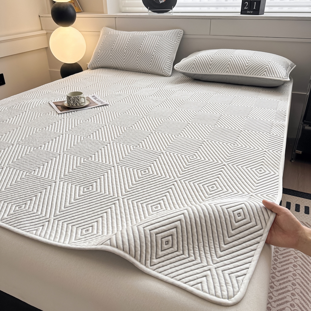 欧邦 2026新款PE中分子凉豆豆软席包边款外贸凉垫韩国出口可定制 回纹格