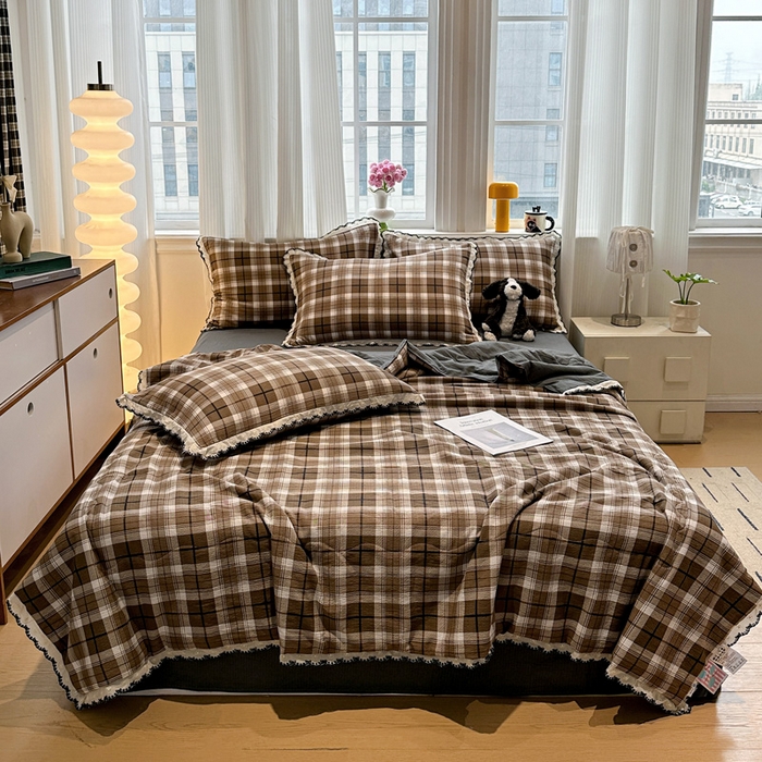 91家纺网 家纺一手货源 找家纺 花伞家居 2026新款蕾丝花边皱皱双层纱夏被四件套含买家秀 夏被-中古森系