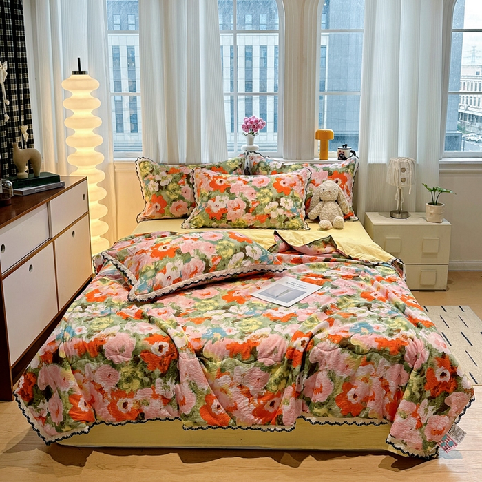 91家纺网 家纺一手货源 找家纺 花伞家居 2026新款蕾丝花边皱皱双层纱夏被四件套含买家秀 夏被-热情绚烂