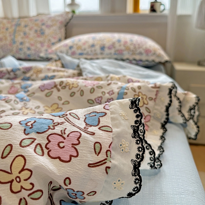 91家纺网 家纺一手货源 找家纺 花伞家居 2026新款蕾丝花边皱皱双层纱夏被四件套含买家秀 夏被-美丽花园