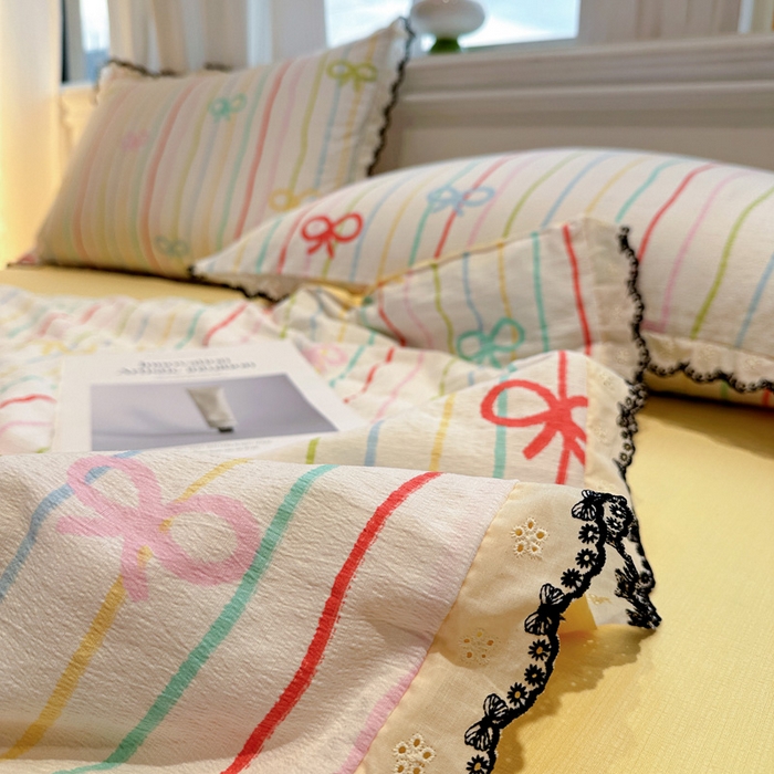 91家纺网 家纺一手货源 找家纺 花伞家居 2026新款蕾丝花边皱皱双层纱夏被四件套含买家秀 夏被-彩色可爱