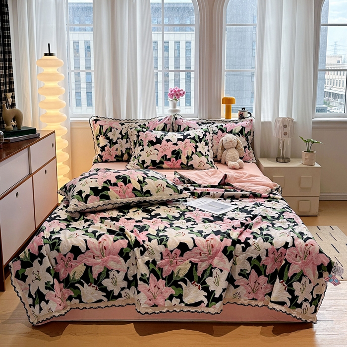 花伞家居 2026新款蕾丝花边皱皱双层纱夏被四件套含买家秀 夏被-盛开粉