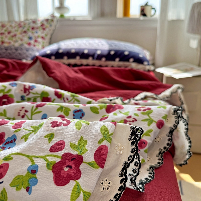 91家纺网 家纺一手货源 找家纺 花伞家居 2026新款蕾丝花边皱皱双层纱夏被四件套含买家秀 夏被-蕾丝碎花