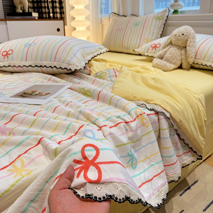 91家纺网 家纺一手货源 找家纺 花伞家居 2026新款蕾丝花边皱皱双层纱夏被四件套含买家秀 夏被-彩色可爱