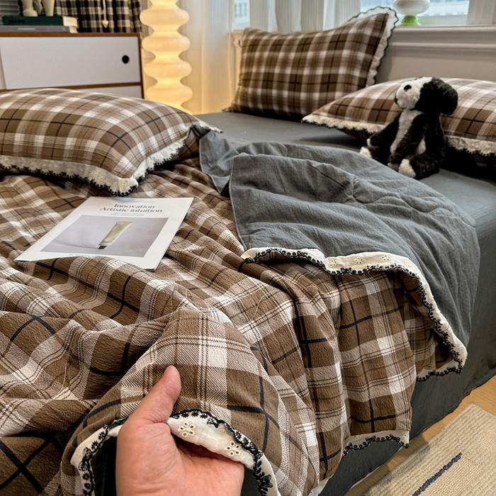 91家纺网 家纺一手货源 找家纺 花伞家居 2026新款蕾丝花边皱皱双层纱夏被四件套含买家秀 夏被-中古森系