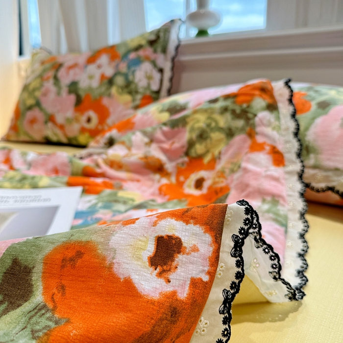 91家纺网 家纺一手货源 找家纺 花伞家居 2026新款蕾丝花边皱皱双层纱夏被四件套含买家秀 夏被-热情绚烂