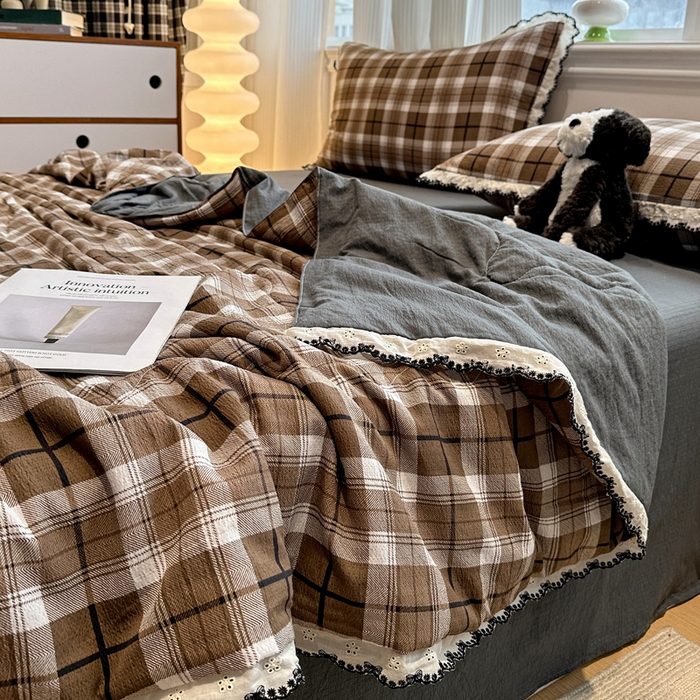 91家纺网 家纺一手货源 找家纺 花伞家居 2026新款蕾丝花边皱皱双层纱夏被四件套含买家秀 夏被-中古森系