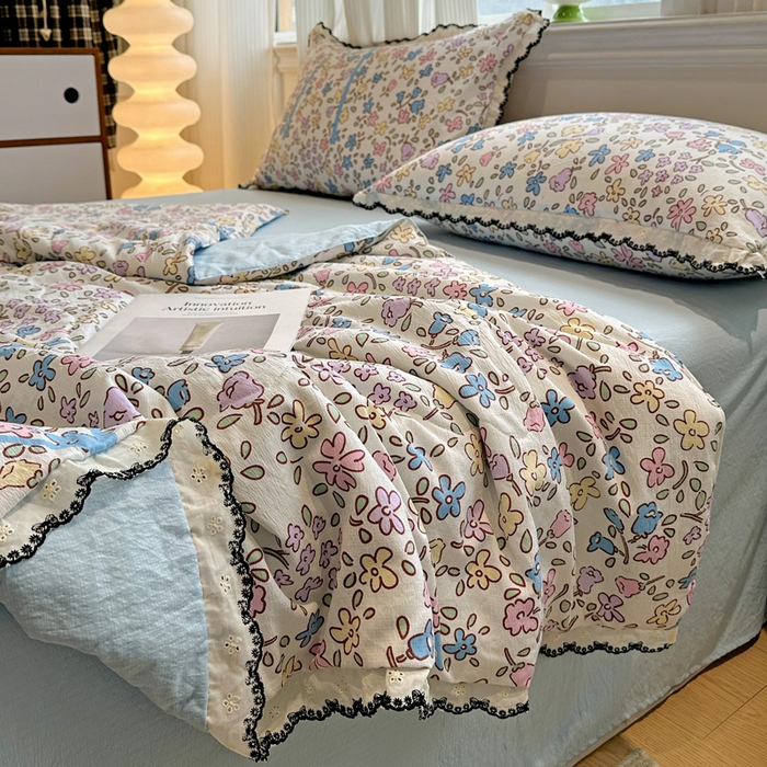91家纺网 家纺一手货源 找家纺 花伞家居 2026新款蕾丝花边皱皱双层纱夏被四件套含买家秀 夏被-美丽花园