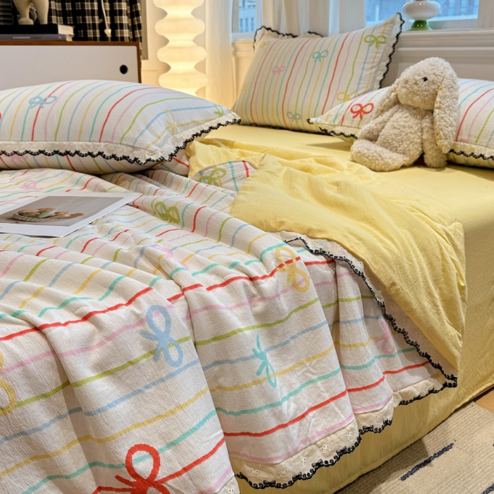 91家纺网 家纺一手货源 找家纺 花伞家居 2026新款蕾丝花边皱皱双层纱夏被四件套含买家秀 夏被-彩色可爱