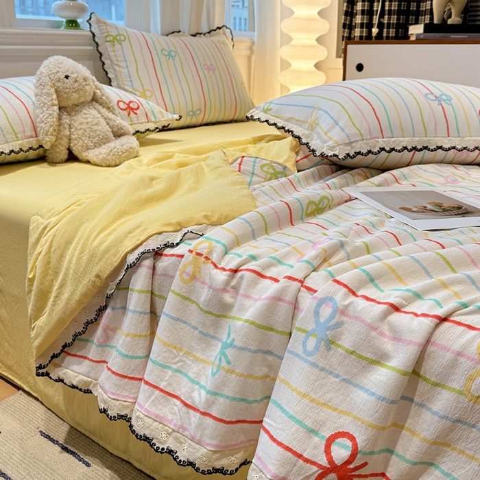 91家纺网 家纺一手货源 找家纺 花伞家居 2026新款蕾丝花边皱皱双层纱夏被四件套含买家秀 夏被-彩色可爱