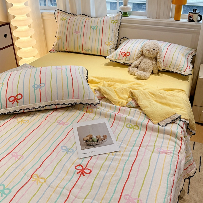 91家纺网 家纺一手货源 找家纺 花伞家居 2026新款蕾丝花边皱皱双层纱夏被四件套含买家秀 夏被-彩色可爱