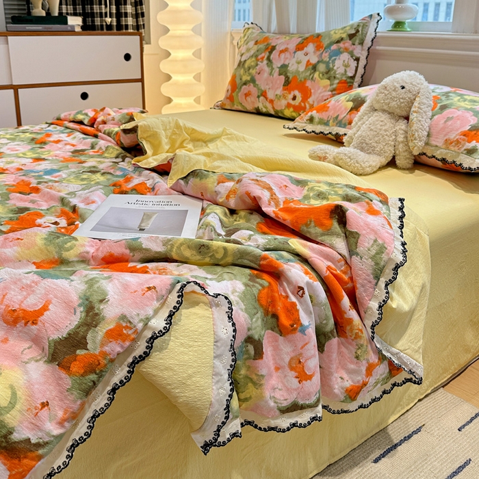 91家纺网 家纺一手货源 找家纺 花伞家居 2026新款蕾丝花边皱皱双层纱夏被四件套含买家秀 夏被-热情绚烂