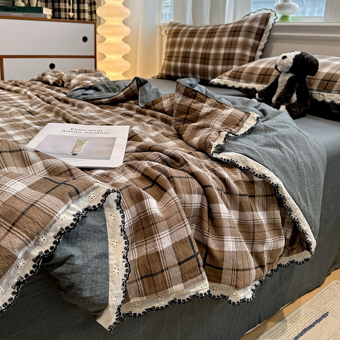 91家纺网 家纺一手货源 找家纺 花伞家居 2026新款蕾丝花边皱皱双层纱夏被四件套含买家秀 夏被-中古森系