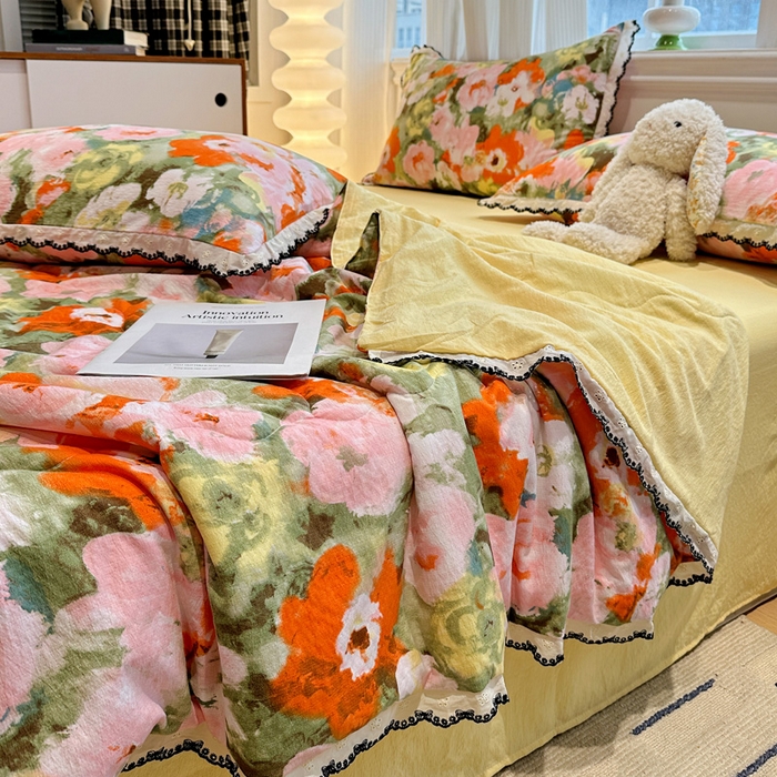 91家纺网 家纺一手货源 找家纺 花伞家居 2026新款蕾丝花边皱皱双层纱夏被四件套含买家秀 夏被-热情绚烂