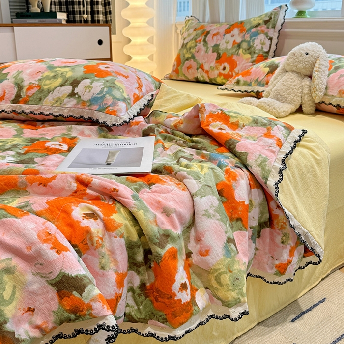 91家纺网 家纺一手货源 找家纺 花伞家居 2026新款蕾丝花边皱皱双层纱夏被四件套含买家秀 夏被-热情绚烂