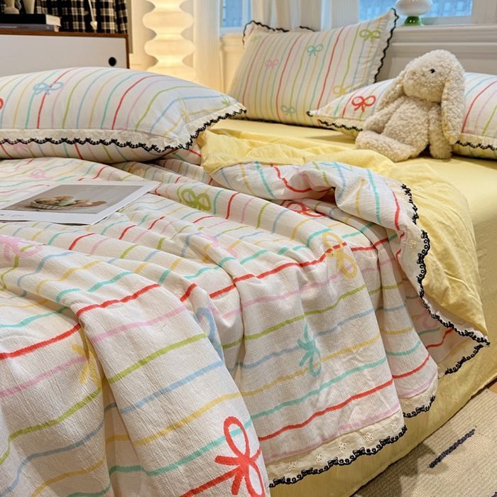 91家纺网 家纺一手货源 找家纺 花伞家居 2026新款蕾丝花边皱皱双层纱夏被四件套含买家秀 夏被-彩色可爱