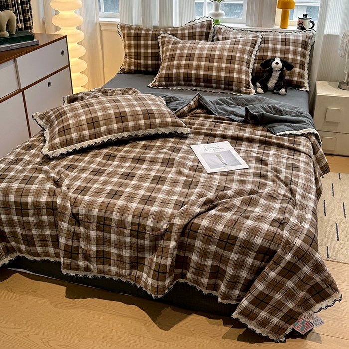 91家纺网 家纺一手货源 找家纺 花伞家居 2026新款蕾丝花边皱皱双层纱夏被四件套含买家秀 夏被-中古森系