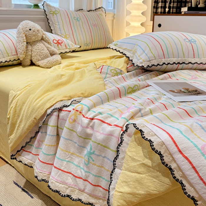 91家纺网 家纺一手货源 找家纺 花伞家居 2026新款蕾丝花边皱皱双层纱夏被四件套含买家秀 夏被-彩色可爱