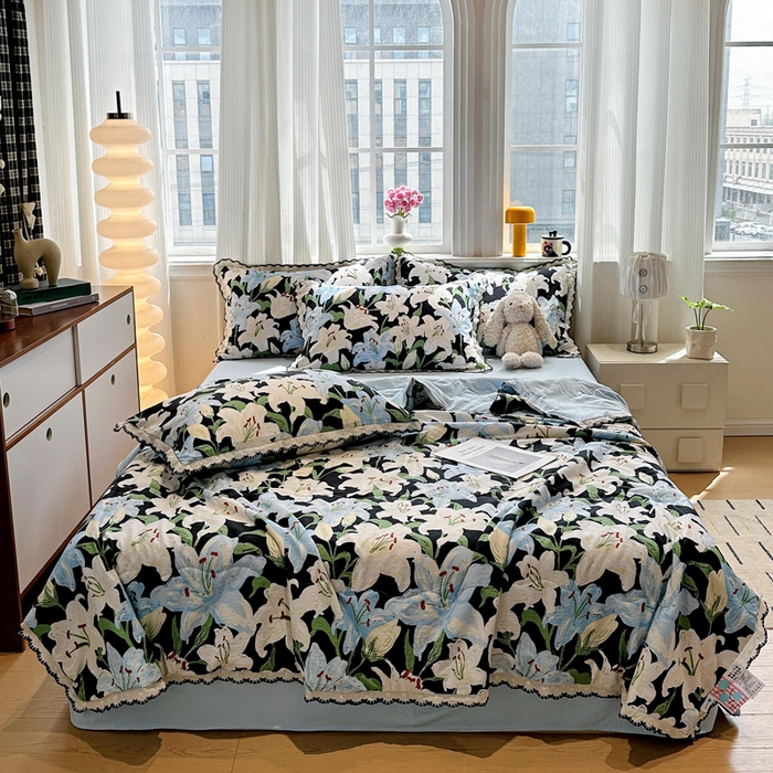 花伞家居 2026新款蕾丝花边皱皱双层纱夏被四件套含买家秀 夏被-盛开蓝