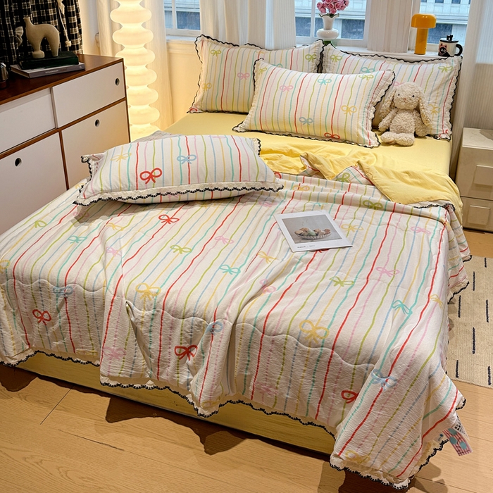 91家纺网 家纺一手货源 找家纺 花伞家居 2026新款蕾丝花边皱皱双层纱夏被四件套含买家秀 夏被-彩色可爱