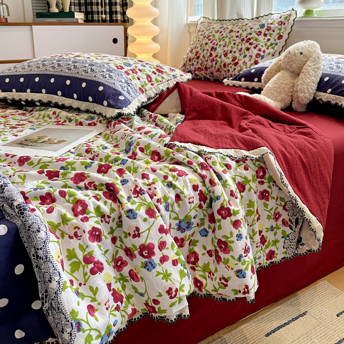 91家纺网 家纺一手货源 找家纺 花伞家居 2026新款蕾丝花边皱皱双层纱夏被四件套含买家秀 夏被-蕾丝碎花