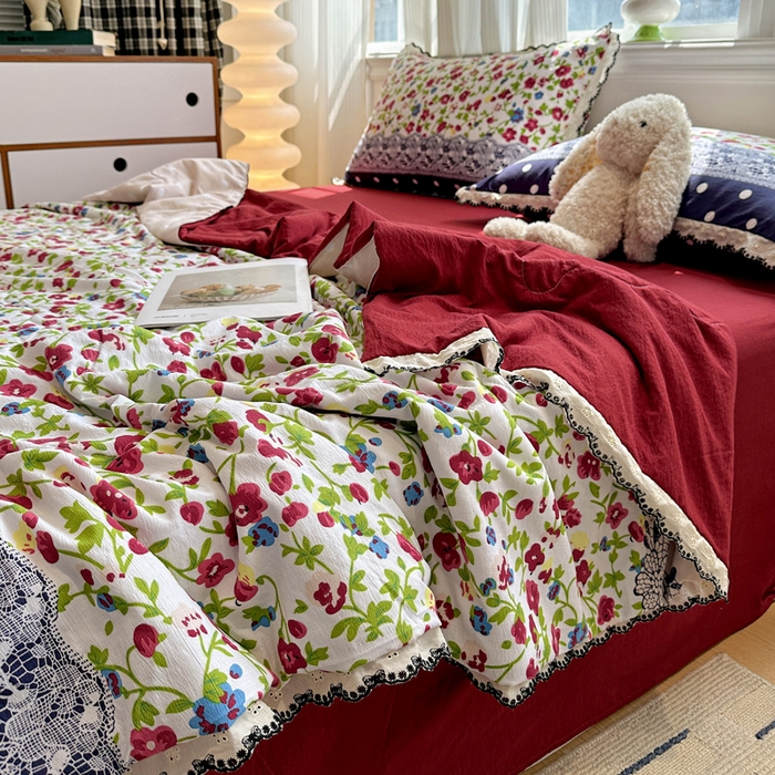 91家纺网 家纺一手货源 找家纺 花伞家居 2026新款蕾丝花边皱皱双层纱夏被四件套含买家秀 夏被-蕾丝碎花