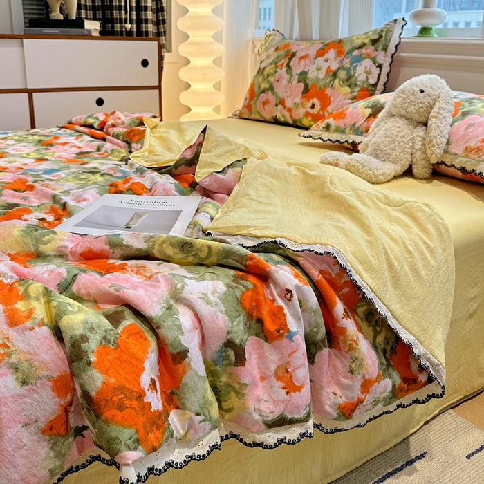 91家纺网 家纺一手货源 找家纺 花伞家居 2026新款蕾丝花边皱皱双层纱夏被四件套含买家秀 夏被-热情绚烂