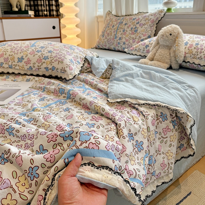 91家纺网 家纺一手货源 找家纺 花伞家居 2026新款蕾丝花边皱皱双层纱夏被四件套含买家秀 夏被-美丽花园