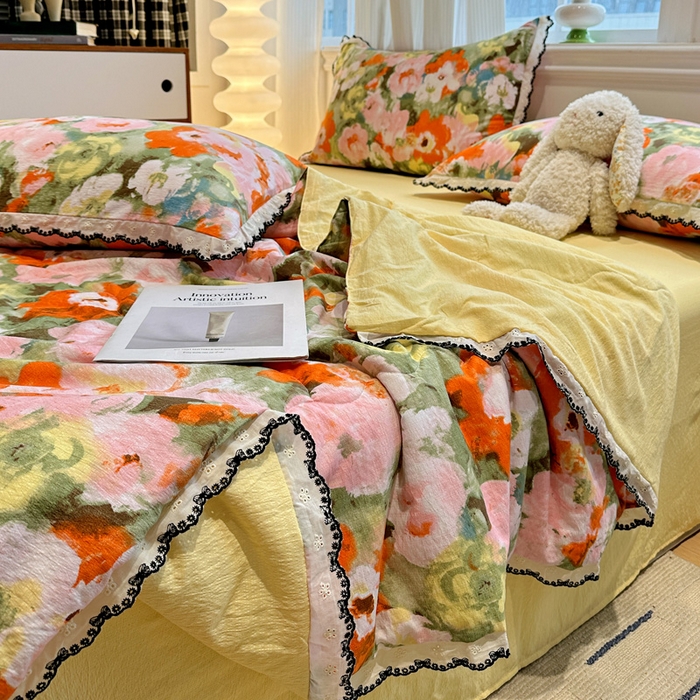 91家纺网 家纺一手货源 找家纺 花伞家居 2026新款蕾丝花边皱皱双层纱夏被四件套含买家秀 夏被-热情绚烂