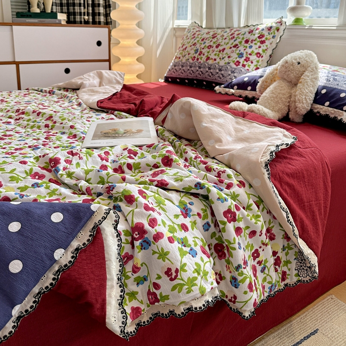 91家纺网 家纺一手货源 找家纺 花伞家居 2026新款蕾丝花边皱皱双层纱夏被四件套含买家秀 夏被-蕾丝碎花